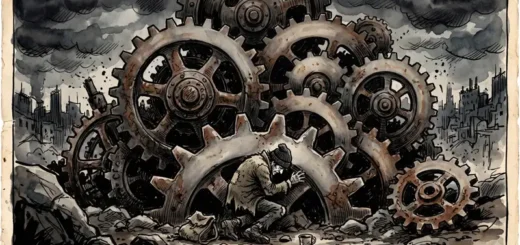 Illustration d'un engrenage politique géant symbolisant l'oppression et la précarité sociale des oubliés du système