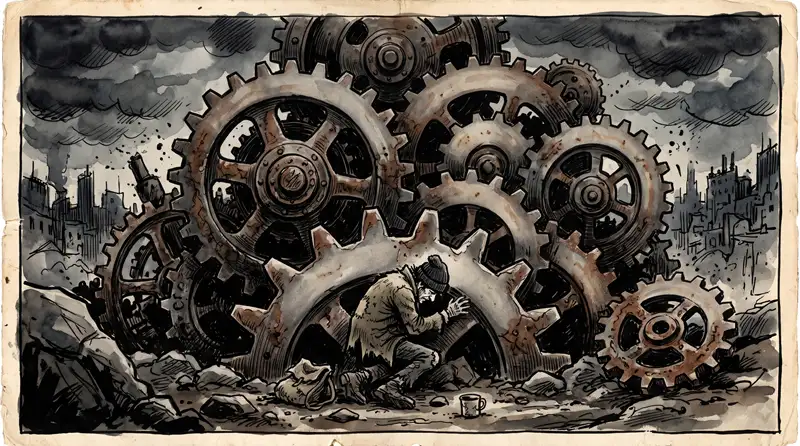 Illustration d'un engrenage politique géant symbolisant l'oppression et la précarité sociale des oubliés du système