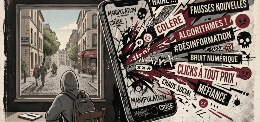 Illustration représentant l'ultra-violence numérique, le bruit des réseaux sociaux et l'invisibilisation des oubliés.