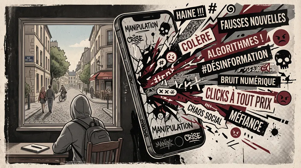 Illustration représentant l'ultra-violence numérique, le bruit des réseaux sociaux et l'invisibilisation des oubliés.